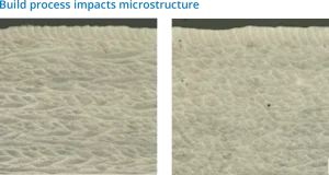 Two images of the microstructure of additively manufactured metal surfaces with different patterns.