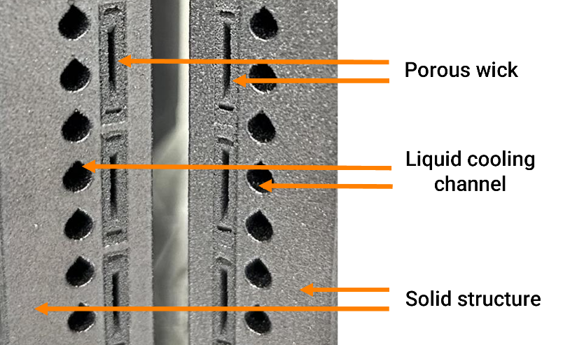 Figure 2. The wick structure highlights the optimizations to print the high-permeability surface of the vapor chamber into the body of the e-motor housing.
