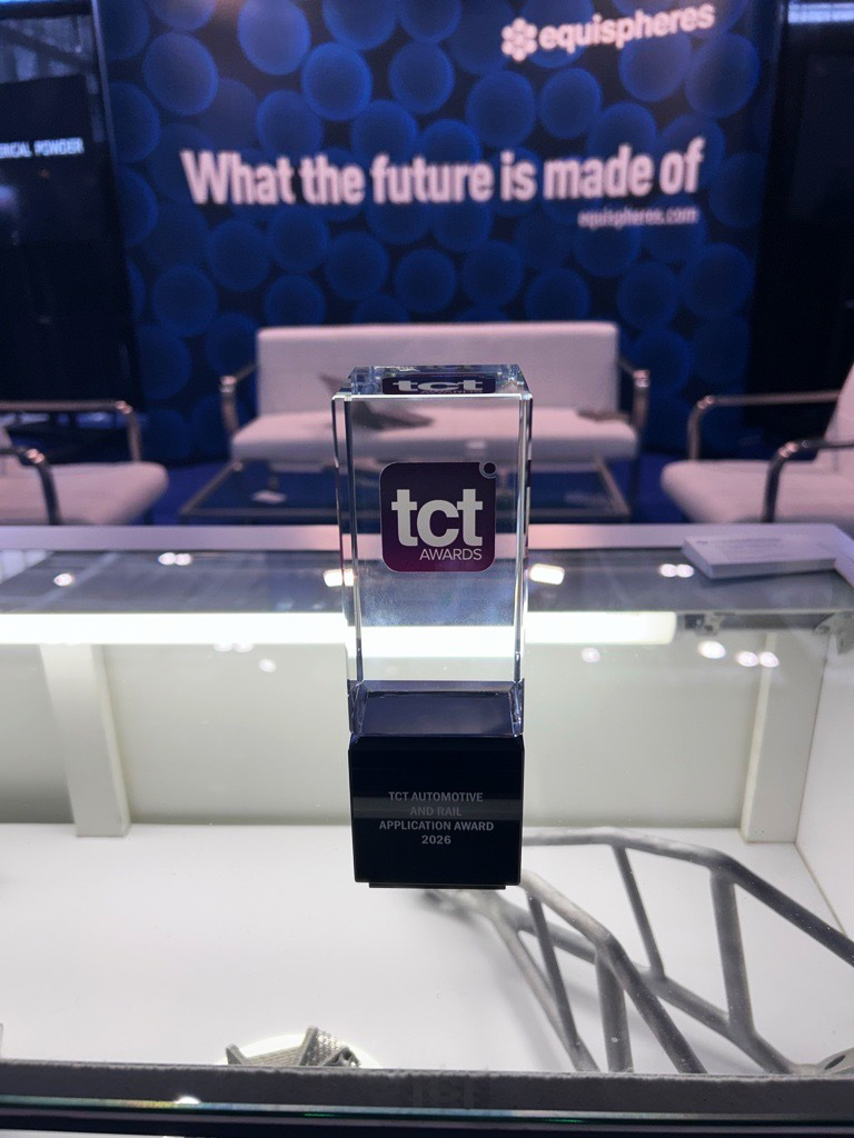 TCT Automotive and Rail Application Award 2026 trophy displayed at the Equispheres booth at RAPID + TCT.